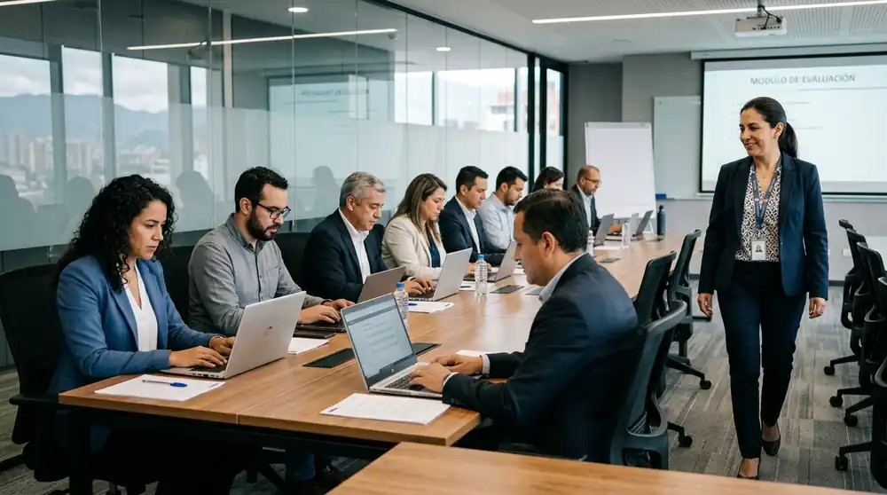 Colaboradores realizando la evaluación de la Batería Psicosocial en laptops