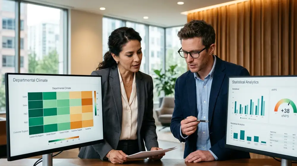Directores analizando mapas de calor y analítica de clima laboral