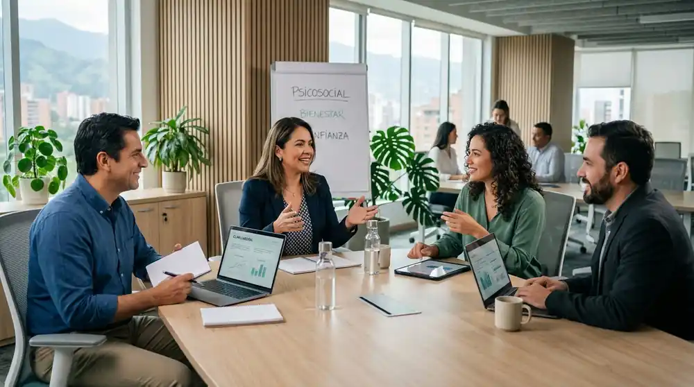 Equipos empresariales reales en diálogo, liderazgo y bienestar laboral