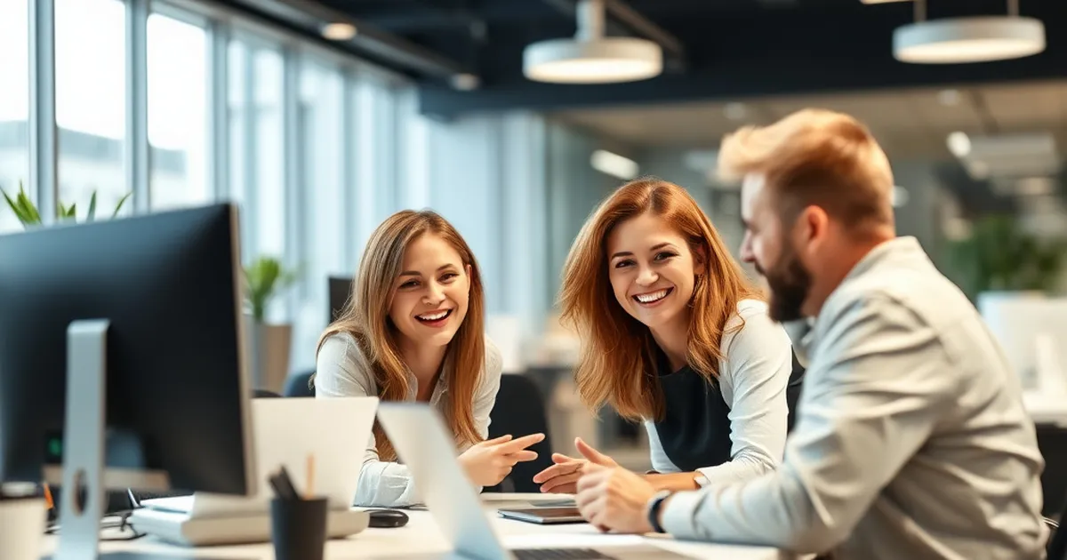 Oficina moderna con empleados felices colaborando en equipo