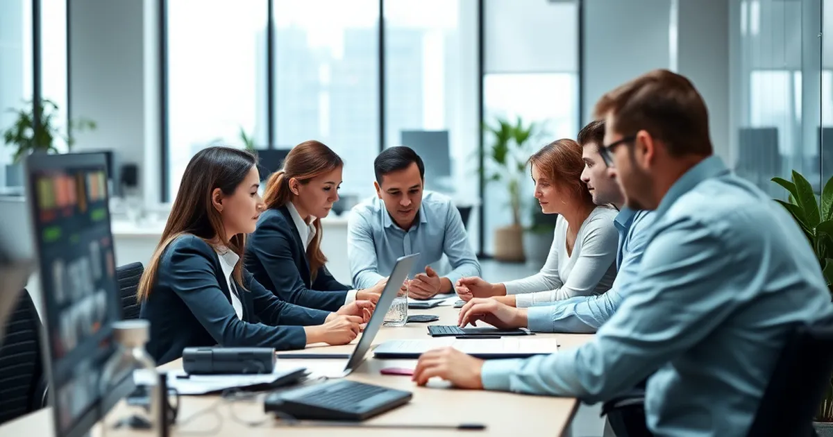 Entorno de oficina sereno con empleados colaborando