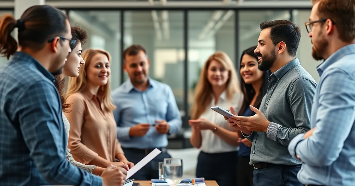 Grupo diverso de empleados en discusión sobre salud laboral