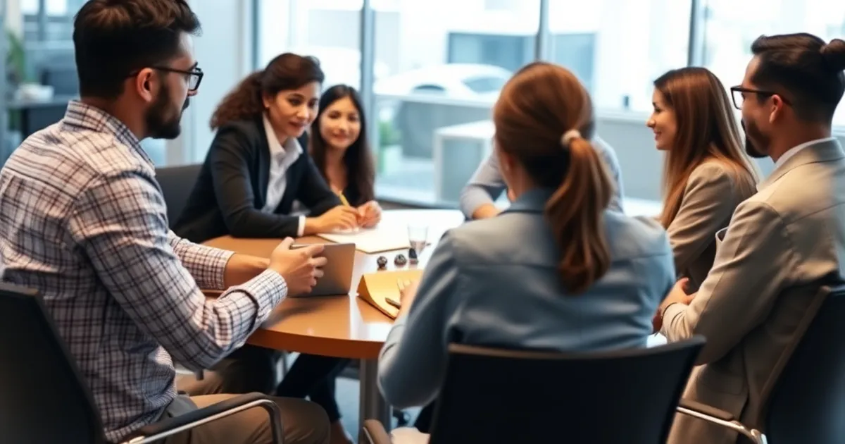 Grupo diverso de empleados en reunión de equipo sobre bienestar laboral.