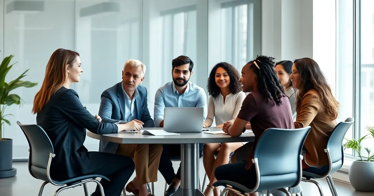 Reunión de profesionales discutiendo bienestar laboral en la empresa.