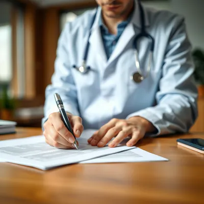 Psicólogo licenciado firmando un informe de salud mental.