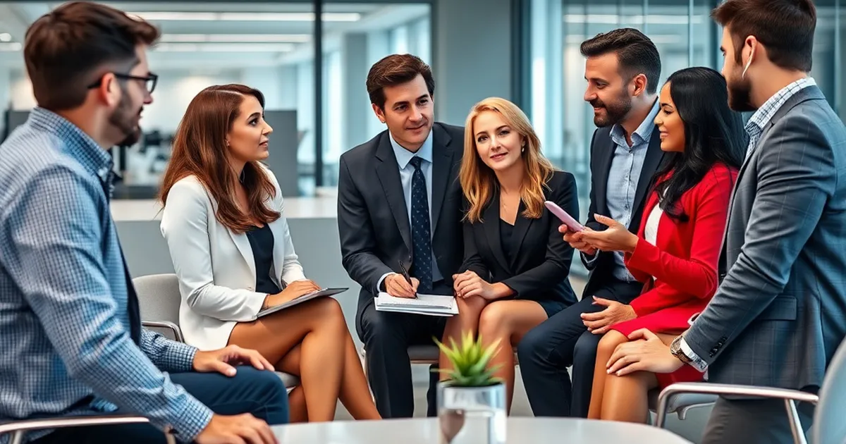 Grupo diverso de profesionales discutiendo el equilibrio trabajo-vida