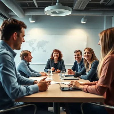 Equipo feliz discutiendo iniciativas de salud mental