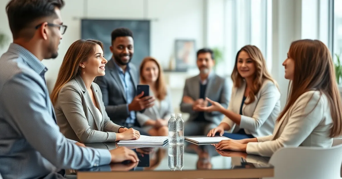Grupo diverso discutiendo sobre bienestar laboral en la oficina.