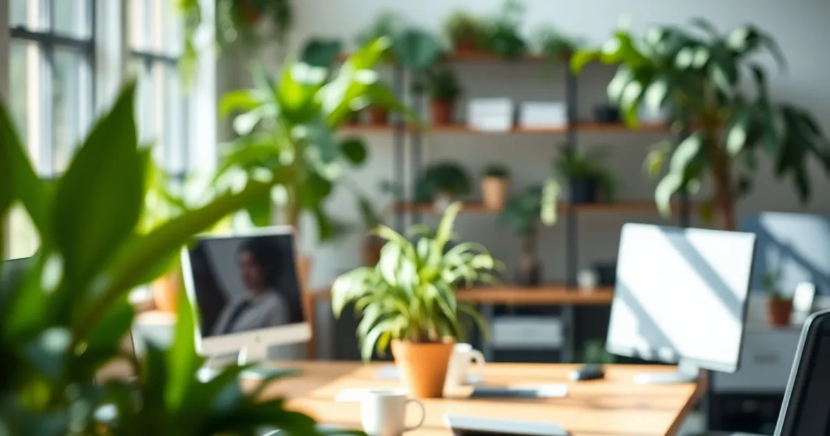 Entorno laboral sereno con luz natural y plantas.