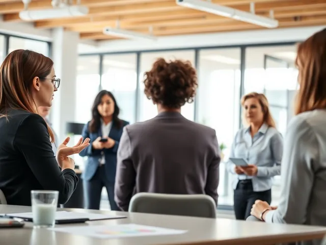 Empleados discutiendo estrategias de salud mental en oficina
