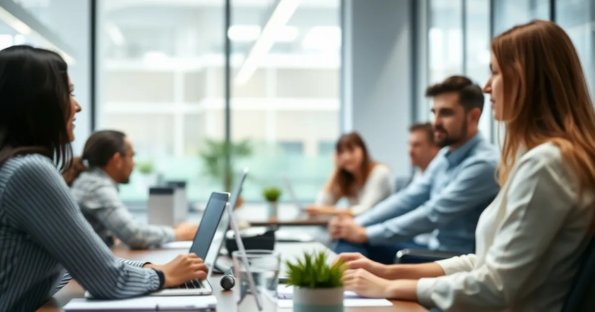 Oficina profesional con empleados en ambiente colaborativo.