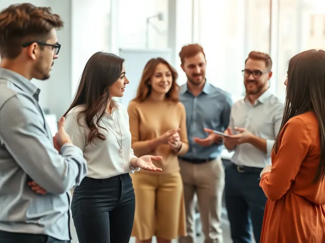 Grupo diverso de empleados en una oficina luminosa.