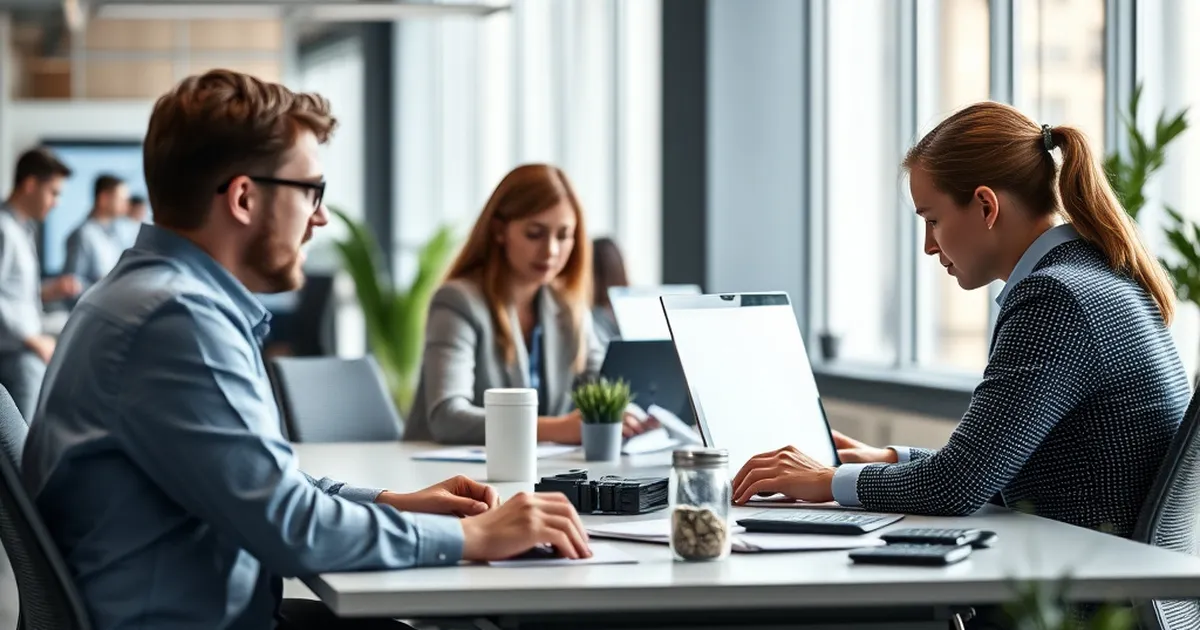 Ambiente de oficina moderno con empleados colaborando.