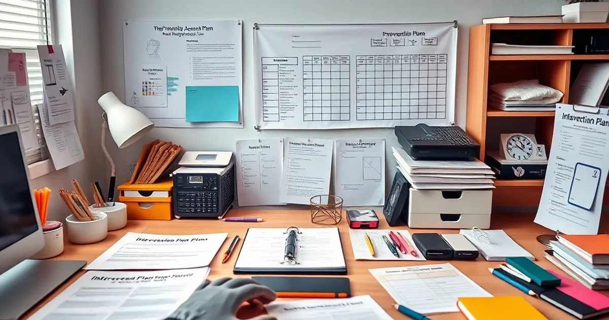 Espacio de trabajo organizado con planes de intervención psicosocial.