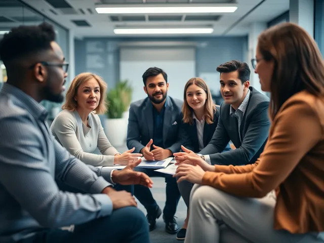 Equipo diverso discutiendo estrategias de salud mental.