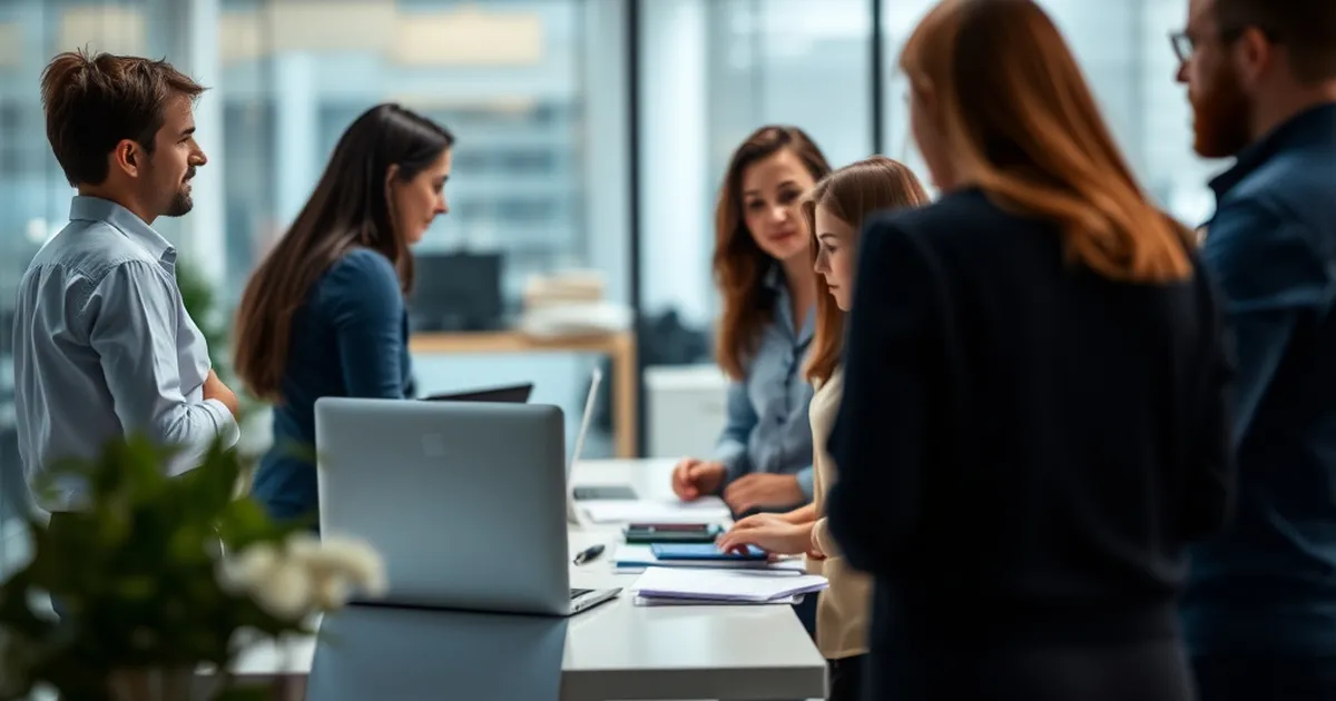 Oficina moderna con empleados colaborando