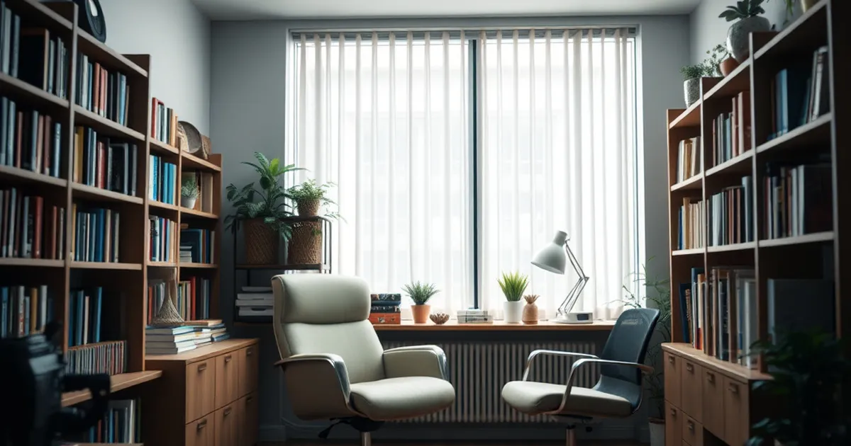 Oficina de psicólogo acogedora con libros y silla cómoda.