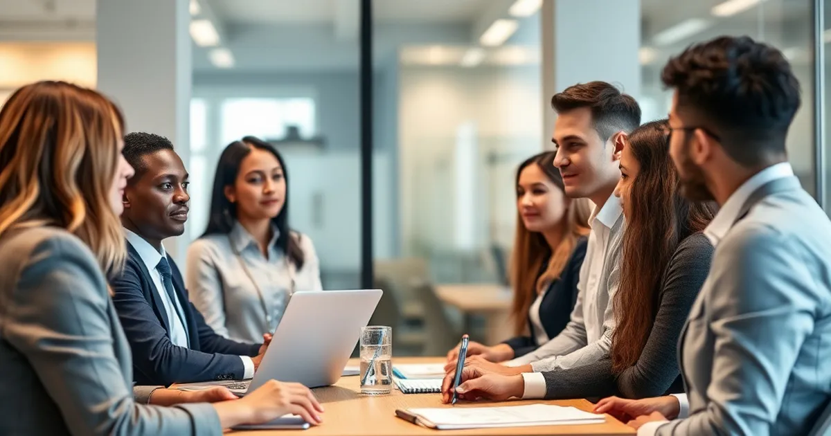 Grupo de profesionales discutiendo estrategias de salud en una oficina moderna.
