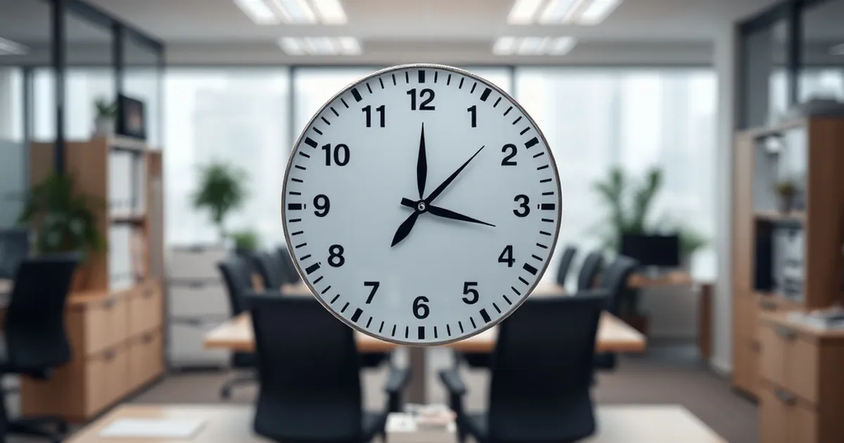 Oficina serena con reloj que muestra después del horario laboral