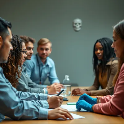 Grupo diverso de profesionales discutiendo estrategias de salud mental.