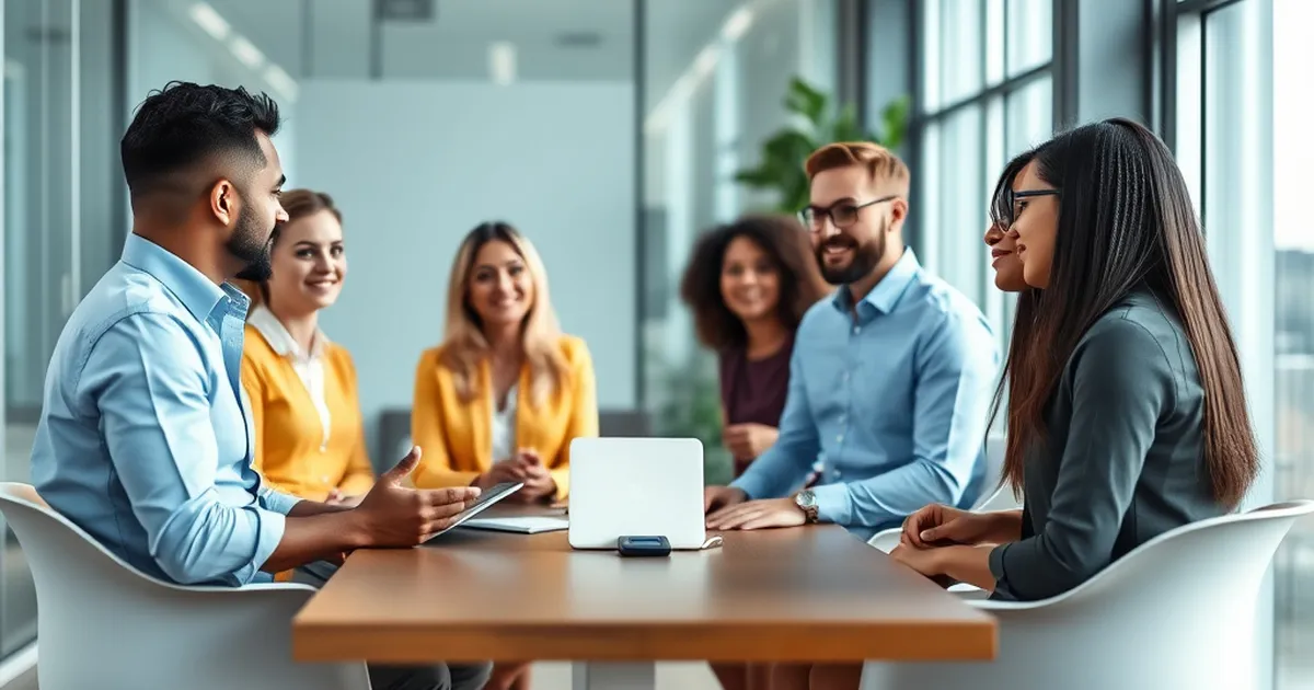 Grupo diverso de empleados en una oficina moderna discutiendo iniciativas de bienestar