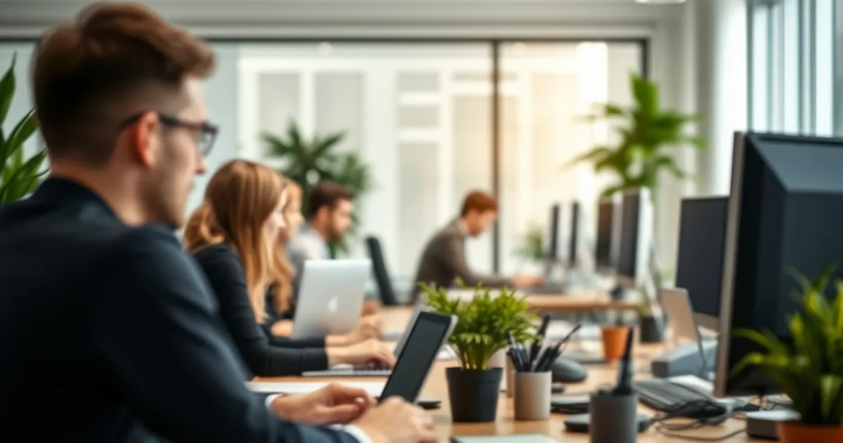 Ambiente de oficina saludable y sereno con personas trabajando.
