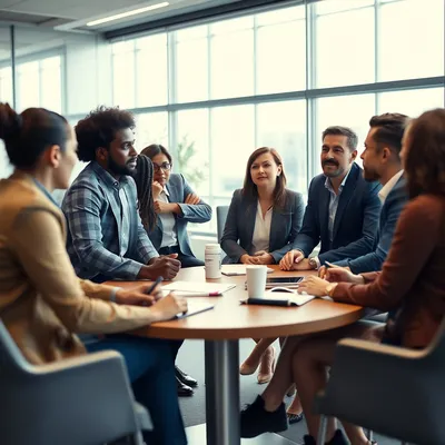 Grupo de empleados discutiendo estrategias de salud mental en la oficina.