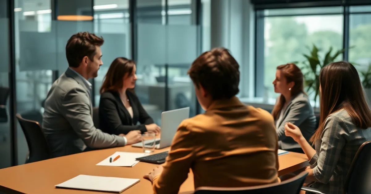 Entorno de oficina profesional con empleados discutiendo sobre salud mental.
