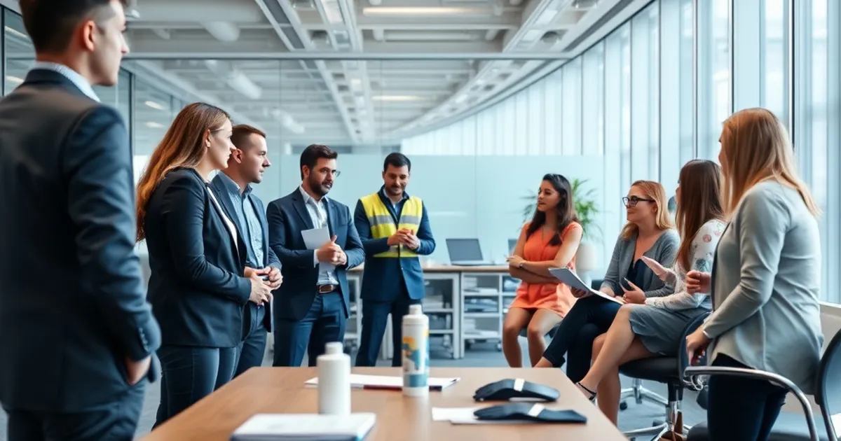 Grupo diverso de empleados discutiendo salud y seguridad en la oficina