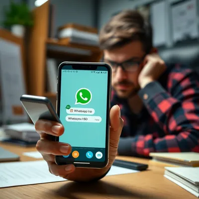 Trabajador estresado mirando un mensaje de WhatsApp en el escritorio.