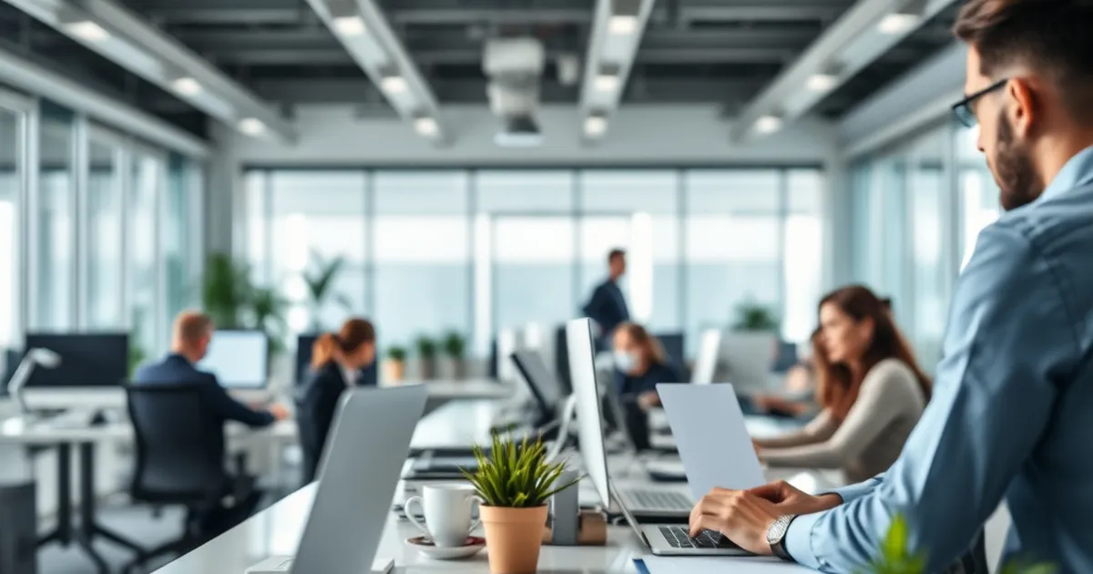 Ambiente de oficina sereno con empleados colaborando.