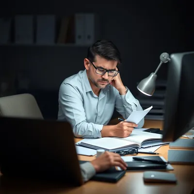 Empleado estresado gestionando trabajo y tareas del hogar