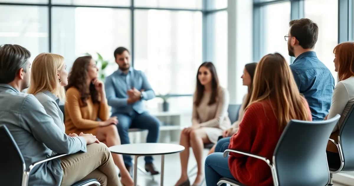 Grupo diverso de empleados discutiendo estrategias de salud mental en la oficina