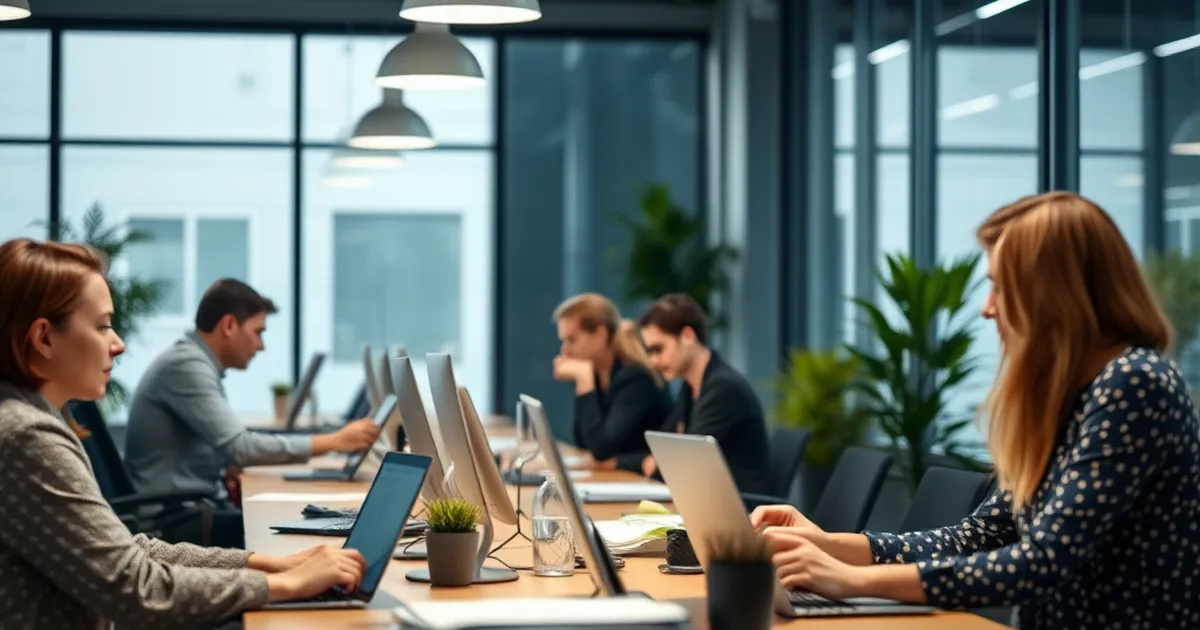 Oficina moderna con empleados trabajando en equipo.