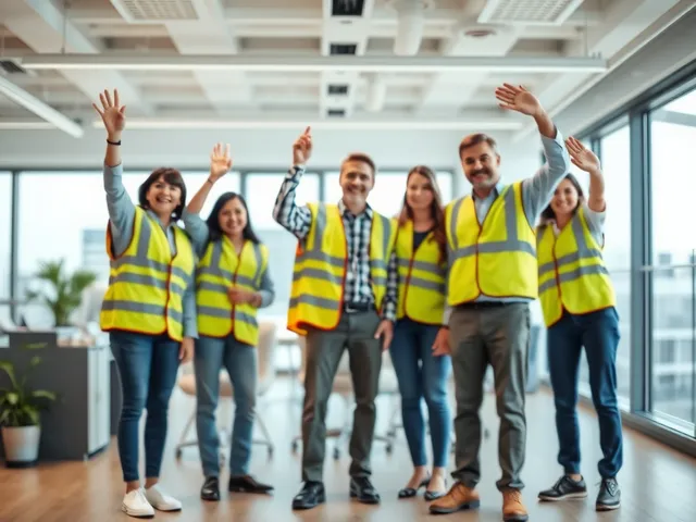 Equipo celebrando iniciativas exitosas de salud y seguridad en la oficina