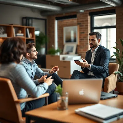 Equipo de pequeña empresa discutiendo en un espacio de oficina
