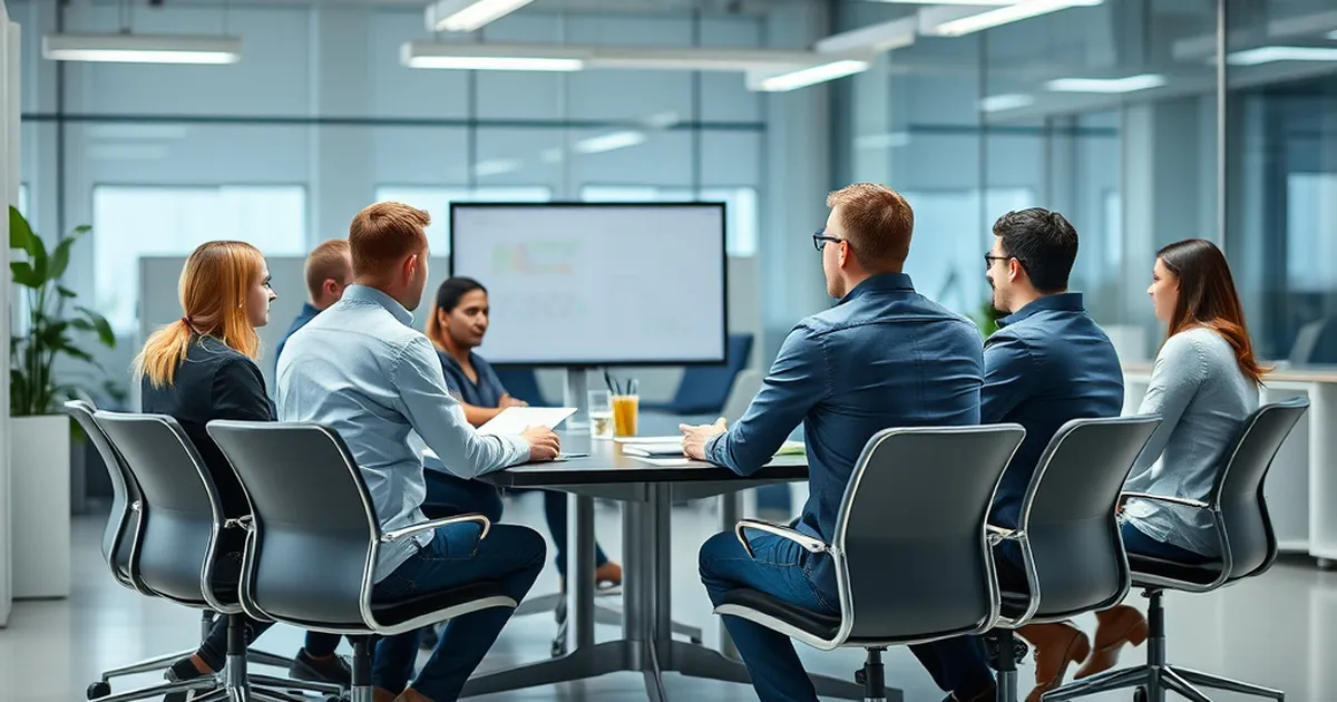 Foto de un entorno corporativo con empleados discutiendo salud y seguridad en el trabajo.