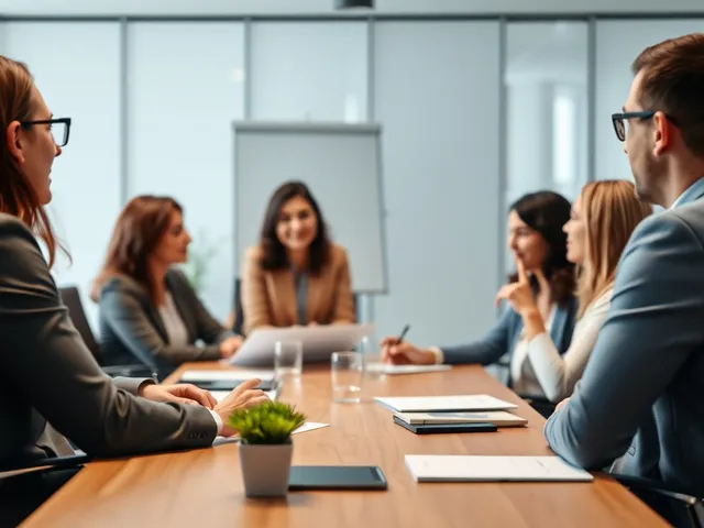 Grupo de empleados discutiendo en un entorno laboral positivo