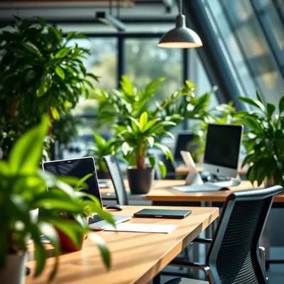 Entorno de oficina sereno con plantas y luz natural.