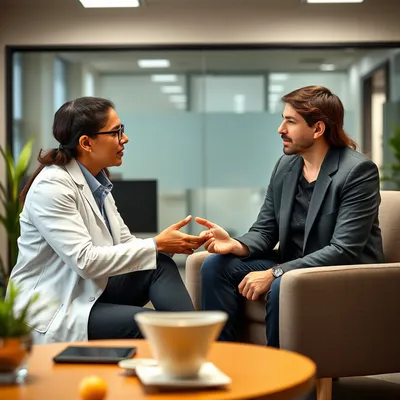Psicólogo realizando una evaluación de salud mental con un empleado.