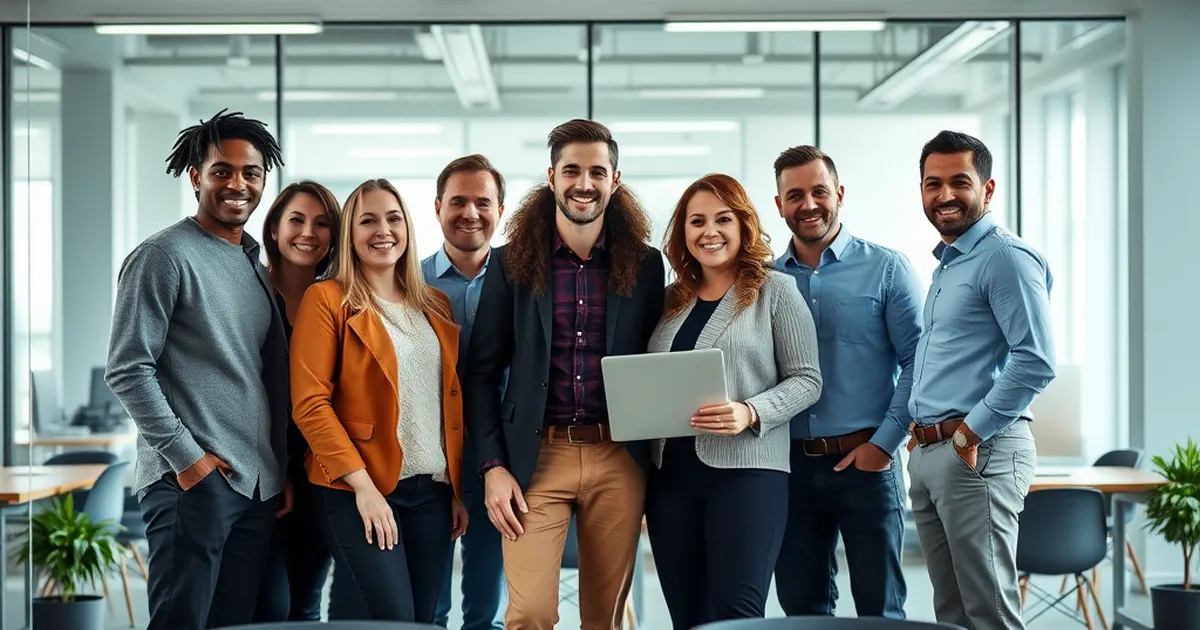 Grupo diverso de empleados felices en un entorno de oficina moderno.