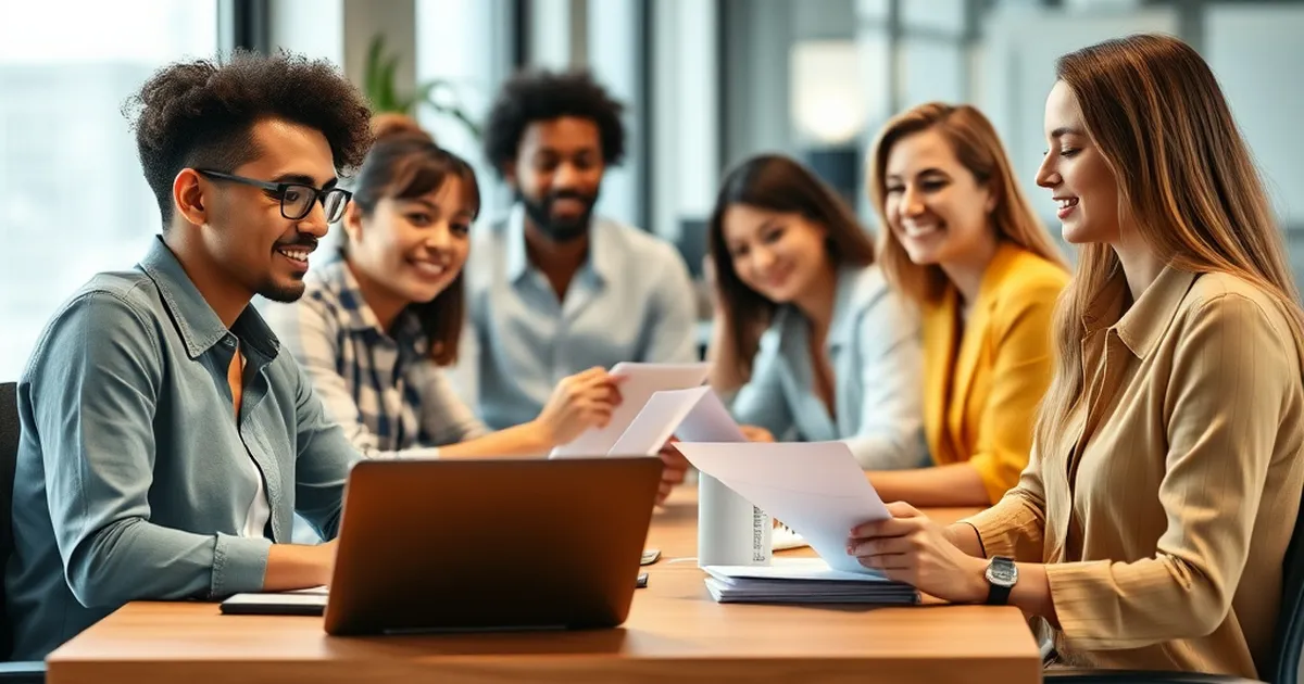 Colaboradores en una oficina moderna trabajando en equilibrio entre trabajo y vida personal.