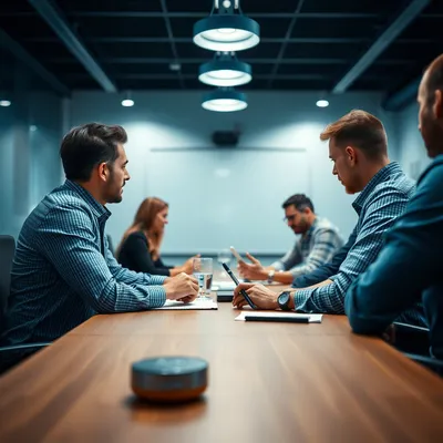 Equipo discutiendo en una sala de reuniones sobre vigilancia psicosocial