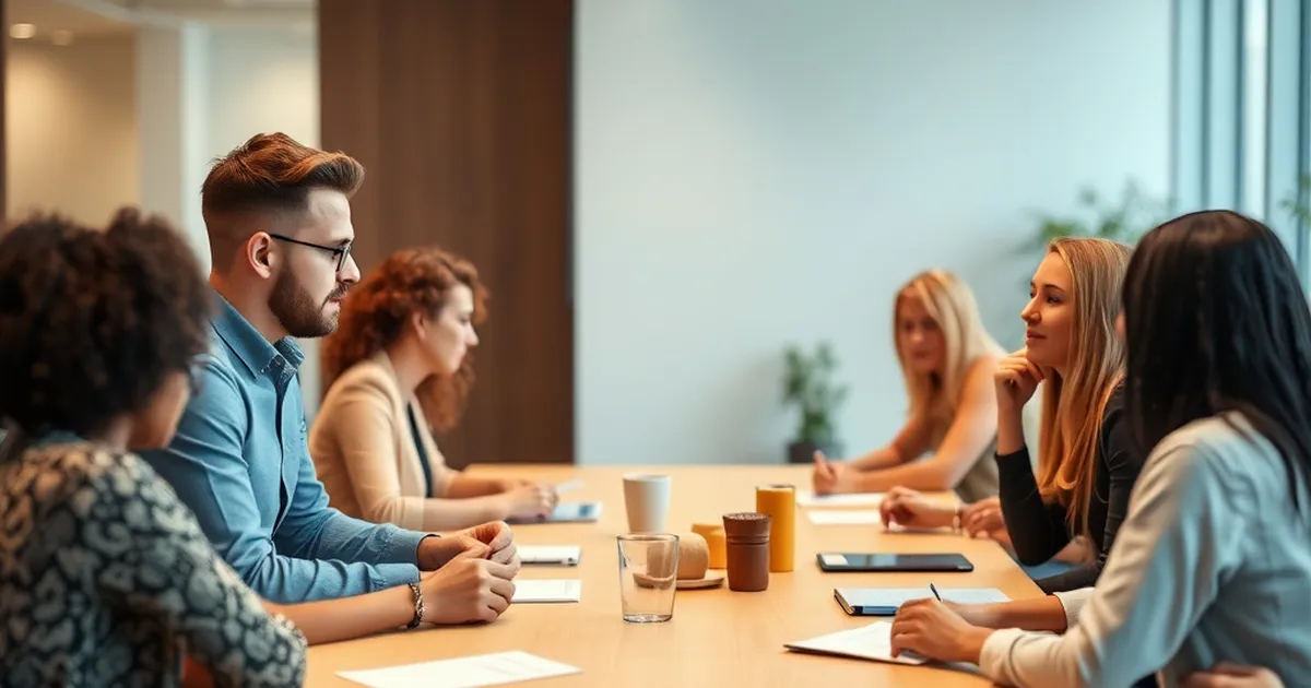 Reunión de equipo diverso en oficina moderna discutiendo estrategias de bienestar.
