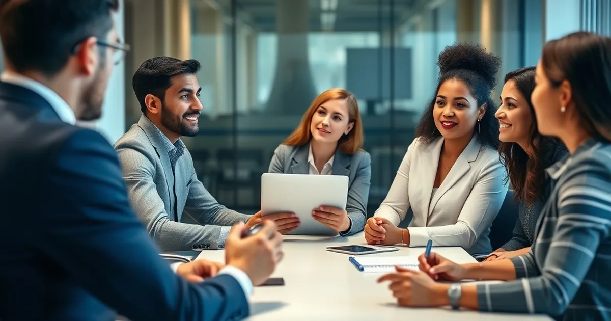 Grupo diverso de profesionales discutiendo en un entorno de oficina.