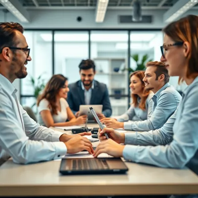 Entorno de oficina pacífico con empleados colaborando.